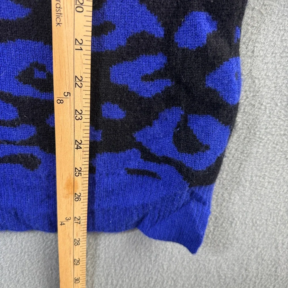 Aqua Cashmere Womens Blue Black Leopard Print 100% Cashmere Crew Neck Sweater S